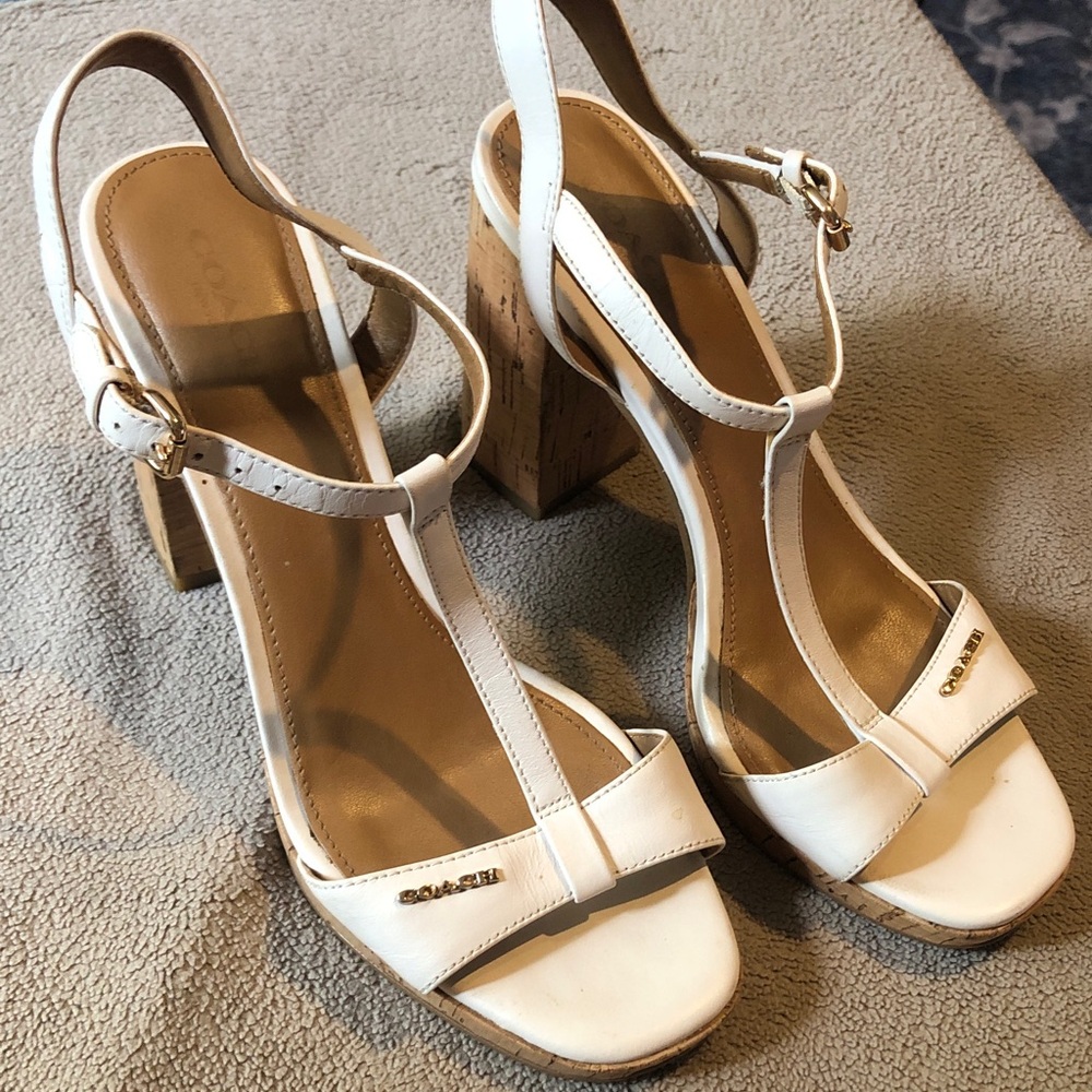 Coach White Leather T-Strap Block Heel Sandals with Cork Heel